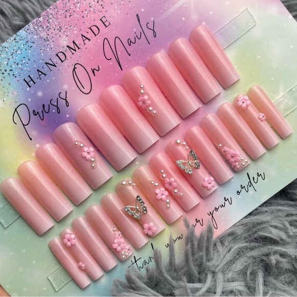 Extra long square nude press on nails ombré pink flowers butterflies pearls